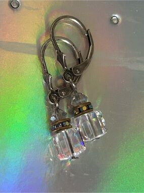 Vintage Iridescent Crystal Cube Earrings with Gold Accents 925